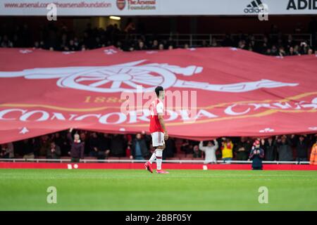 LONDON, ENGLAND - FEBRUARY 23: Pierre-Emerick Aubameyang of Arsenal FC celebrate with heÕs team mates Nicolas Pepe, Hctor Bellerin after scoring heÕs Stock Photo