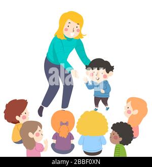 Illustration of a Teacher Girl Introducing a New Student, Kid Boy to the Rest of the Class Stock Photo