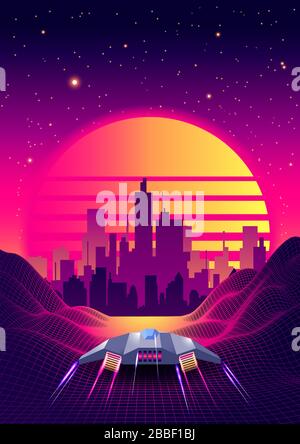 Arcade Space Ship Flying to the Sunset. Retro 80s Fashion Sci-Fi Background Landscape. Digital Retro Cityscape Sci-Fi Summer Landscape with 3D Mountains, 80s Style Synthwave or Retrowave illustration. Stock Vector
