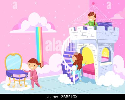 Illustration of Stickman Kids Girls Playing Inside a Princess Theme Room with Clouds, Castle Bed and Vanity Table Stock Photo