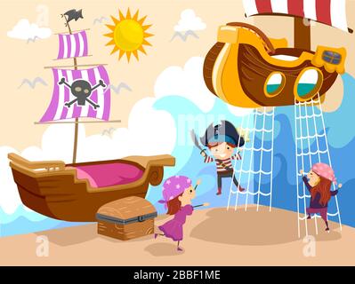 Illustration of Stickman Kids Playing Inside a Pirate Theme Bedroom with Ships, Treasure Chest and Wave Stock Photo