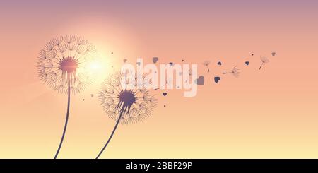 dandelion silhouette with flying seeds and hearts for valentines day vector illustration EPS10 Stock Vector