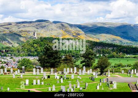 A cemetery with the Wallace monument in the background in Stirling, Scotland Stock Photo