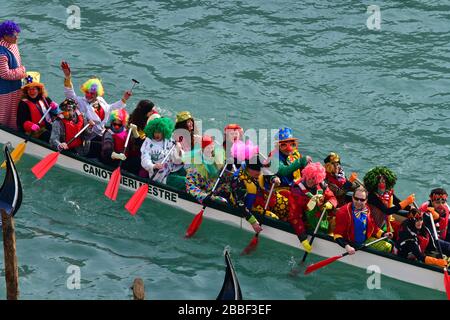 high angle view of the Festa Veneziane on the Water with floating structures and people in boats in costumes at part of t Stock Photo