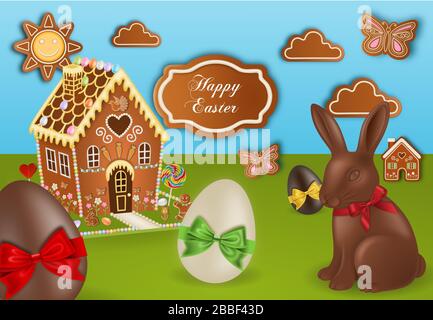 easter background with gingerbreads, chocolate rabbit and eggs Stock Vector