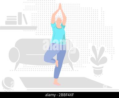 Elderly woman alone doing yoga at home. Indoor retired leisure. Active healthy lifestyle quarantined. Sport, fitness for senior person. Balance training. Old character exercises in vector illustration Stock Vector