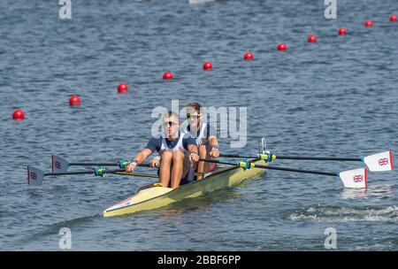 Rio de Janeiro. BRAZIL.   GBR M2X Bow. Jonny WALTON and John COLLINS in their heat  at the 2016 Olympic Rowing Regatta. Lagoa Stadium, Copacabana,  ÒOlympic Summer GamesÓ Rodrigo de Freitas Lagoon, Lagoa.   Friday 5th August 2016   [Mandatory Credit; Peter SPURRIER/Intersport Images][Mandatory Credit; Peter SPURRIER/Intersport Images] Stock Photo