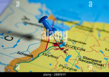 Polish city Szczecin pinned with pushpin on the colorful map Stock Photo