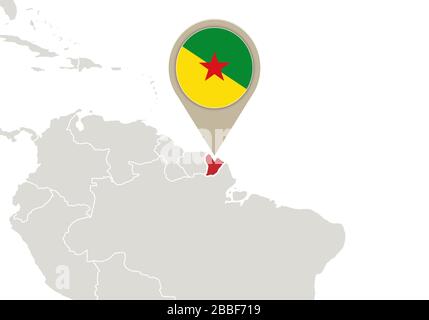 Map with highlighted French Guiana map and flag Stock Vector