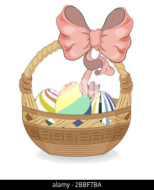 beautiful vector wooden Easter isolated basket with bow and eggs. A cartoon-style picture. Stock Vector