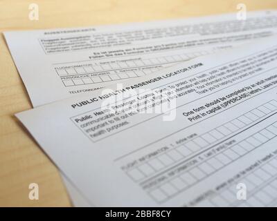 BERLIN, GERMANY - CIRCA MARCH 2020: Fluggast Aussteigekarte (translation:  Passenger Locator Form) Stock Photo