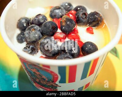 Leon's London porridge with yogurt, blueberries, seeds, healthy breakfast in a British fast food - London Stock Photo