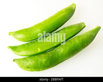 Three fresh green sugar snap peas on a white background Stock Photo