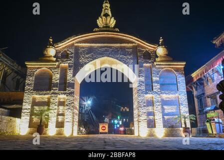Bhaktapur, Nepal - 28 January 2020: city gate of Durban square at Bhaktapur on Nepal