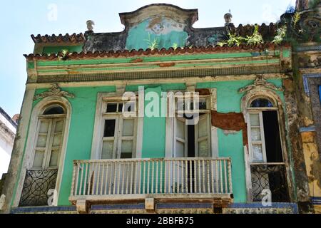 Rio de Janeiro, Brazil-February 2019: Close up view of window and balcony on one of the large neo-colonial houses in Largo do Boticario with Atlantic Stock Photo