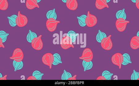 Seamless pattern of figs virtual background for Zoom. Whole pink figs fruits on purple background for patterns. Abstract bright colors vector design i Stock Vector