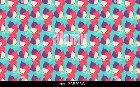 Seamless pattern of figs virtual background for Zoom. Whole pink figs fruits on blue light background for patterns. Abstract bright colors vector desi Stock Vector
