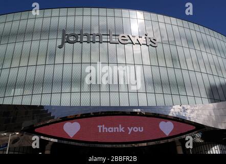 Birmingham, West Midlands, UK. 31st March 2020.  A screen on John Lewis thanks the NHS in Birmingham city centre during the Coronavirus pandemic lockdown. Credit Darren Staples/Alamy Live News.
