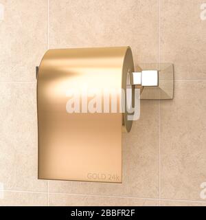 3d render image of a roll of gold colored toilet paper. Concept of the value of small things in the time of the coronavirus. Stock Photo