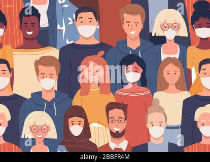 Vector seamless pattern in flat style with multiethnic group of people. People of different nationalities wearing white face medical masks against Stock Vector
