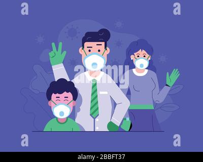 Family with Masks Virus Prevention Flat Concept Stock Vector