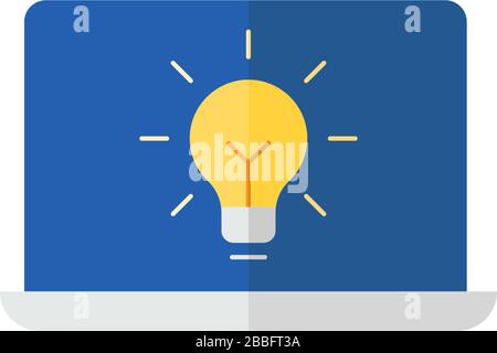 Laptop with light bulb vector icon symbol isolated on white background Stock Vector