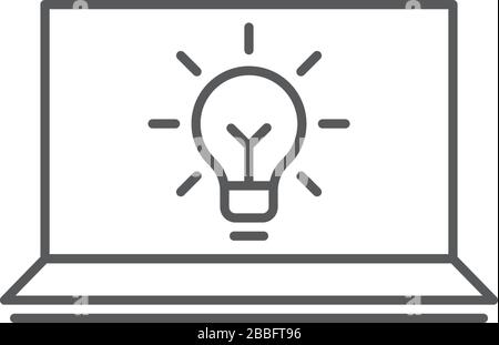 Laptop with light bulb vector icon symbol isolated on white background Stock Vector