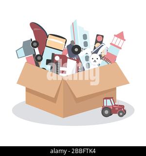 Cardboard box with kids toys on a white background. Vector illustration. Room organization or charity concept Stock Vector