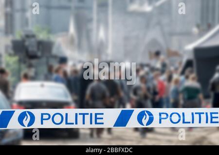 Politie / police tape in front of Belgian crime / murder scene in Belgium Stock Photo