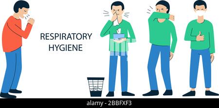 Set of vector illustrations isolated on white. Poster, brochure design concept. Coughing, sneezing people. Man covering mouth, nose with bent elbow Stock Vector