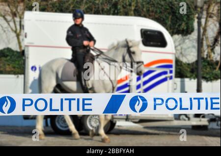 Politie / police tape in front of Belgian mounted police officer and horse trailer in Belgium Stock Photo