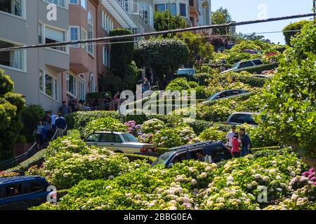 San Francisco, California, USA- 07 June 2015: Cars on the famous, winding Lombard Street. The crookedest street in the world. Stock Photo