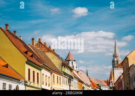 Buda district medieval old houses and St. Matthias Church tower in Budapest, Hungary Stock Photo