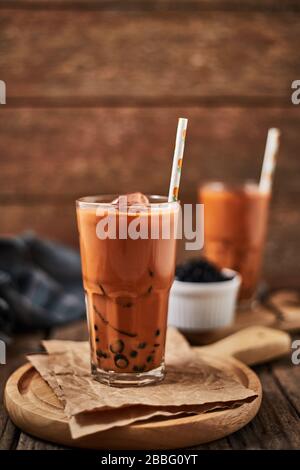 Homemade Milk Bubble Tea with Tapioca Pearls. Stock Photo