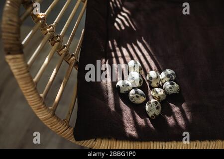 Several quail eggs on dark background with beautiful natural sun light. Easter concept. Stock Photo