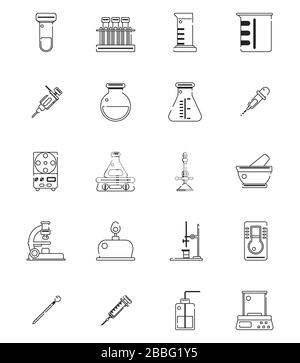 20 laboratory equipment outline icon vector illustration set. Stock Vector