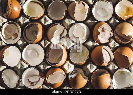 Texture of broken empty eggshell in carton box. View from above. Cooking on easter concept. Unusual photo of eggs. Stock Photo