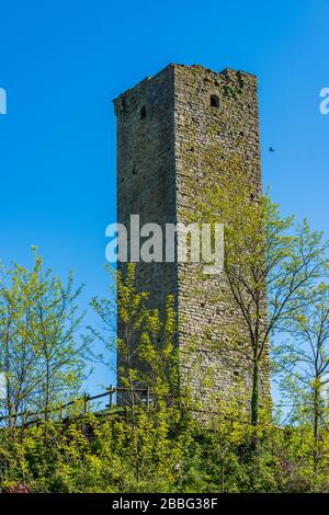 Old medieval tower in the village of Castelletto d'Erro in Piedmont Stock Photo