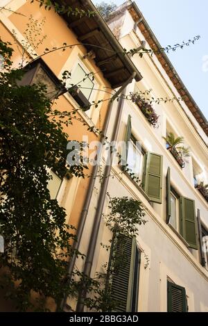 Cozy, rural Italian street scene with a flesh-colored wooden gate ...
