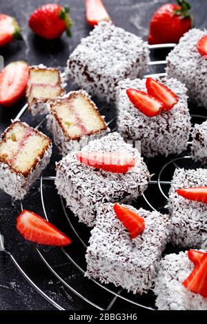 Lamington cake an Australian dessert of little cubes or squares of sponge cake dipped in chocolate, then rolled in coconut with fresh strawberries on Stock Photo