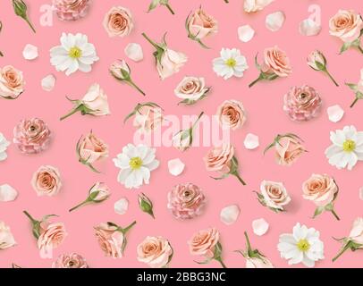 Floral seamless pattern made of pink flowers and rosebuds. Flat lay, top view. Valentines background. Flower background. Warm pattern of flowers Stock Photo