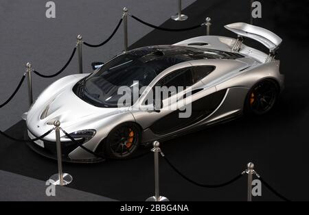 Aerial view of a 2014, Silver,  McLaren P1, on the Tom Hartley Stand, of the 2020 London Classic Car Show Stock Photo