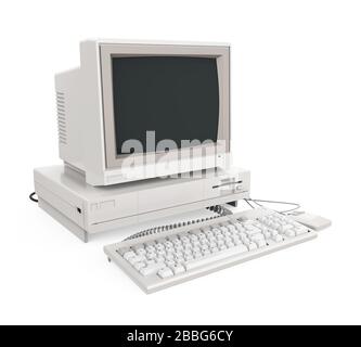 Old Desktop Computer with a Blank White Screen Monitor, Keyboard and Mouse Isolated Stock Photo