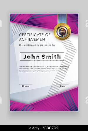 Official white certificate with pink black design elements. Modern blank with gold emblem. Vector illustration Stock Vector
