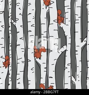 Squirrels in Birch trees seamless pattern on blue background. Seamless, repeat vector illustration surface pattern design Stock Vector