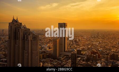 View of city endless suburbs wrapped in sunset mist with the iconic Park Hyatt Hotel from Tokyo Metropolitan Government Building observatory Stock Photo