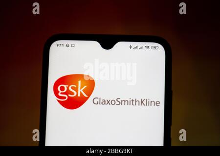 March 31, 2020, Brazil: In this photo illustration GlaxoSmithKline (GSK) logo is seen displayed on a smartphone. (Credit Image: © Rafael Henrique/SOPA Images via ZUMA Wire) Stock Photo