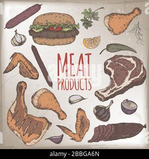 Meat products color template featuring sketches of cold meats, sausages, hamburger, steak, chicken, vegetables. Stock Vector