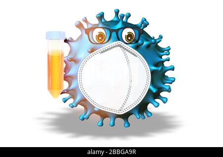 Comics illustration of coronavirus Covid-19 virus holding a test tube on white background. Concept of antiviral tests and scientific research against Stock Photo