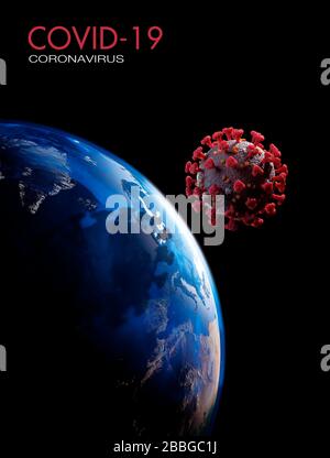 Coronavirus casting dark shadow over the planet Earth, view from space, conceptual 3D illustration with COVID-19 title. Viral epidemic, spreading viru Stock Photo